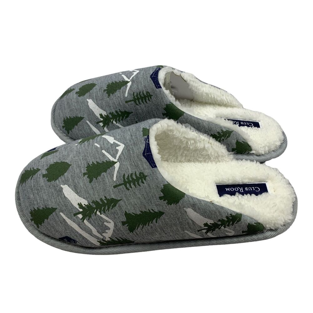 Club Room Mens Winter Forest Print Fleece Lined Slippers Gray 6-7 - Picture 3 of 5